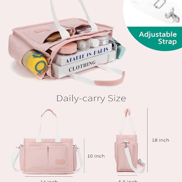 Pink Waterproof Cotton-Poly Tote Bag for Women with Multiple Pockets and Adjusta - Picture 7 of 8